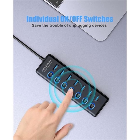 USB 3.0 Hub, 7-Port USB Hub Splitter with LED, 3ft Extended Long Cable - Picture 5 of 7